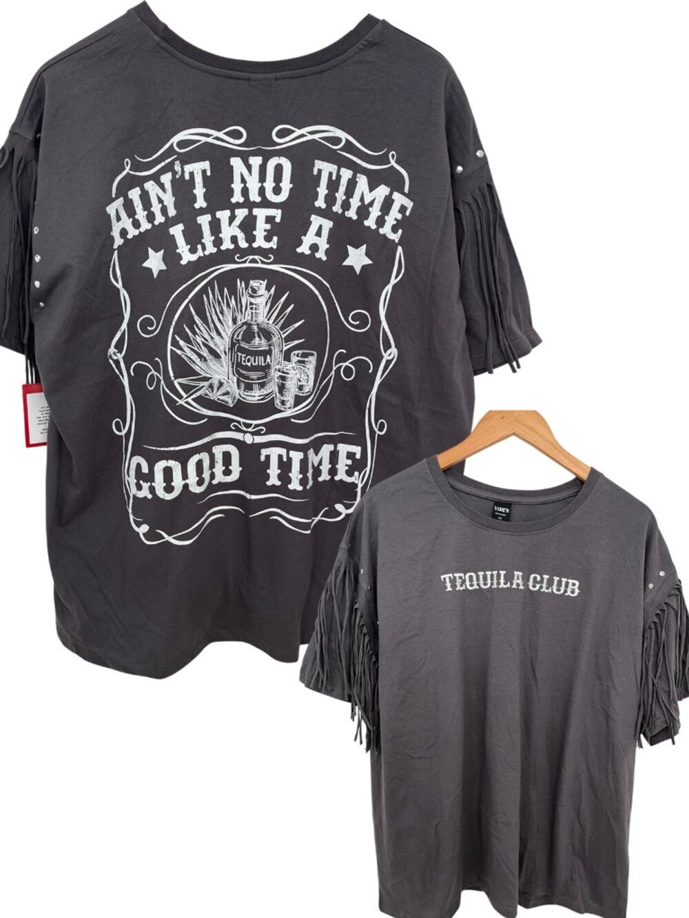 Tequila Club Good Time Embellished Fringe Sleeve Women’s T-Shirt 2X NWT